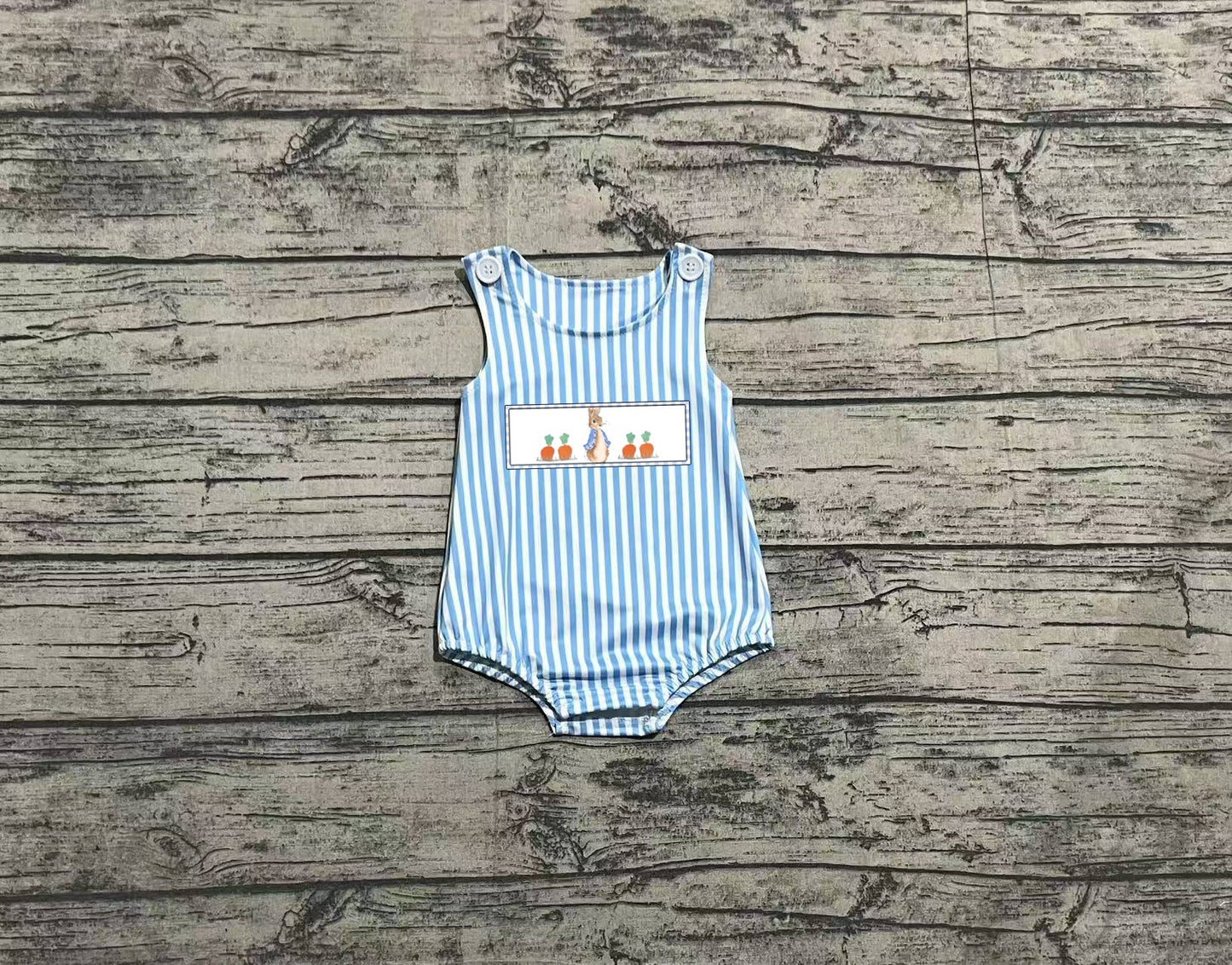 Baby Boys Blue Stripe Emroidery Bunny Carrots Easter Romper Preorder