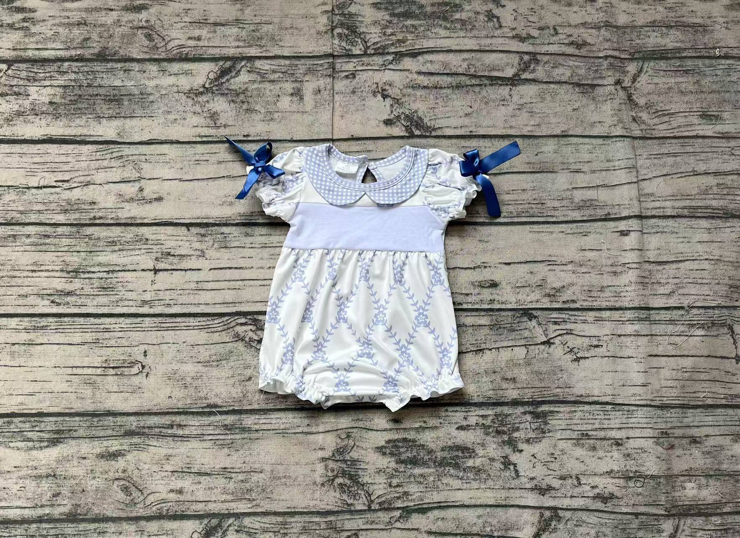 Newborn Baby Girls Blue Embroidery Floral Bow Short Sleeve Romper Preorder