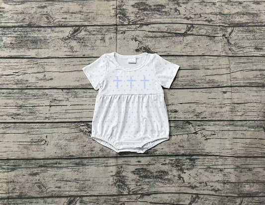 Newborn Baby Boys Blue Embroidery Cross Short Sleeve Bubble Romper Preorder