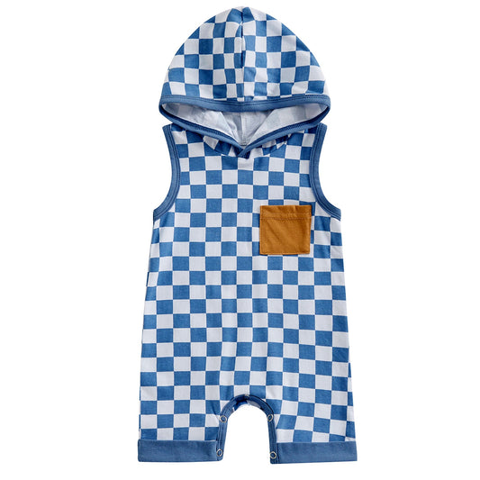 SR2153 Newborn Baby Boys Blue Checked Hoodie Romper Preorder