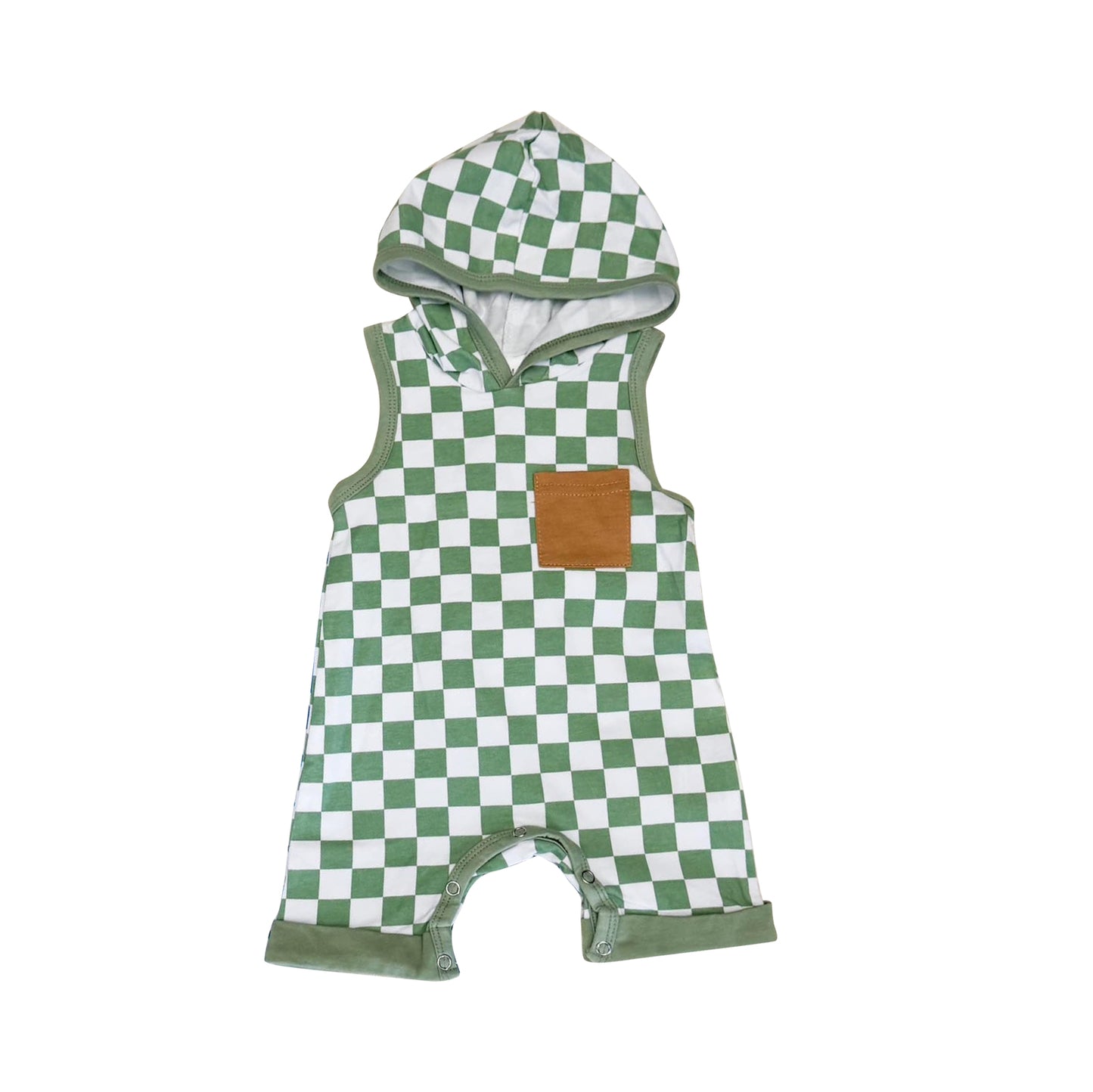 SR2153 Newborn Baby Boys Green Checked Hoodie Romper Preorder