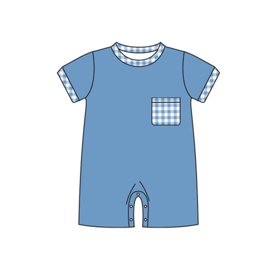 SR2165 Baby Boys Blue Short Sleeve Romper With Gingham Pocket Preorder