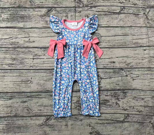 SR2166 Baby Girls Pink Flower Flutter Sleeve Romper With Bow Preorder