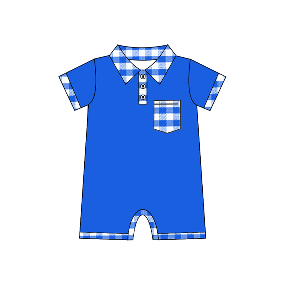 Baby Boys Blue Short Sleeves Aqua Plaid Pocket Romper Preorder
