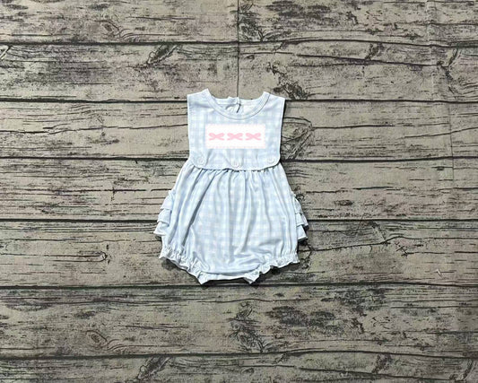 Baby Girls Pink Embroidery Bow Blue Plaid Romper Preorder