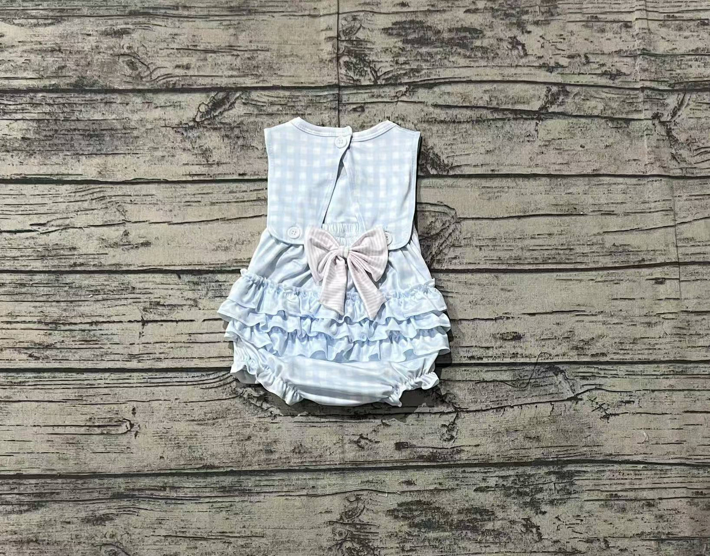 Baby Girls Pink Embroidery Bow Blue Plaid Romper Preorder