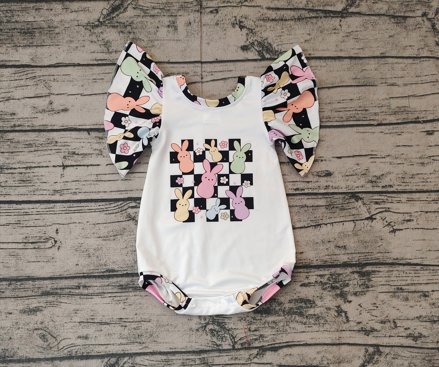 Baby Girls Short Flutter Plaid Sleeves Easter Romper Bunny Print Preorder