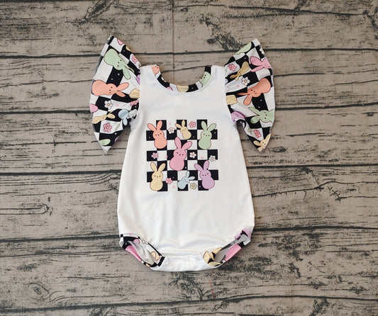 Baby Girls Short Flutter Plaid Sleeves Easter Romper Bunny Print Preorder