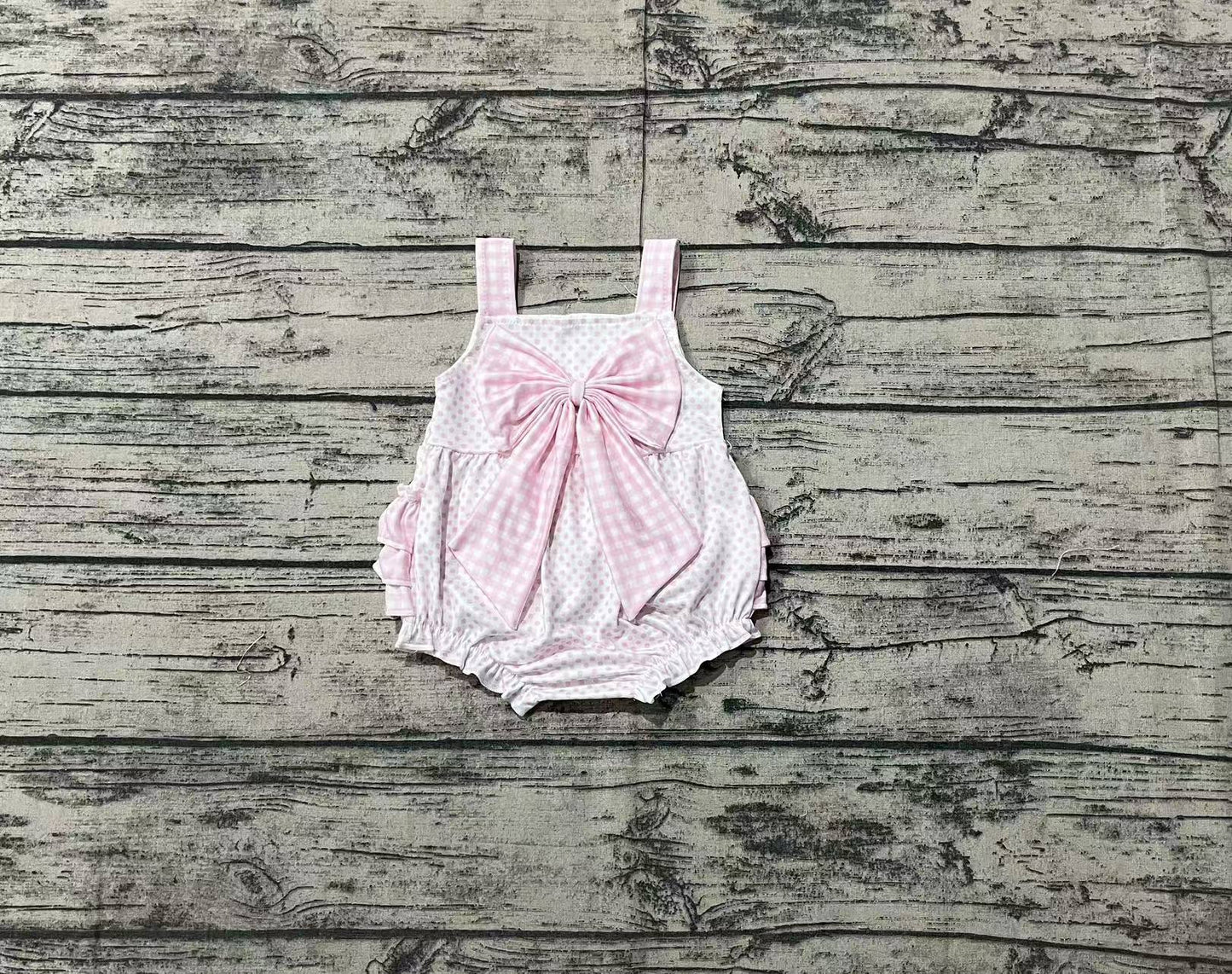 Baby Girls Pink Plaid Strap Polka Dots Backless Ruffle Valentines Romper Preorder