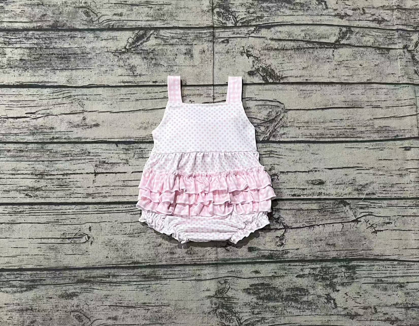 Baby Girls Pink Plaid Strap Polka Dots Backless Ruffle Valentines Romper Preorder