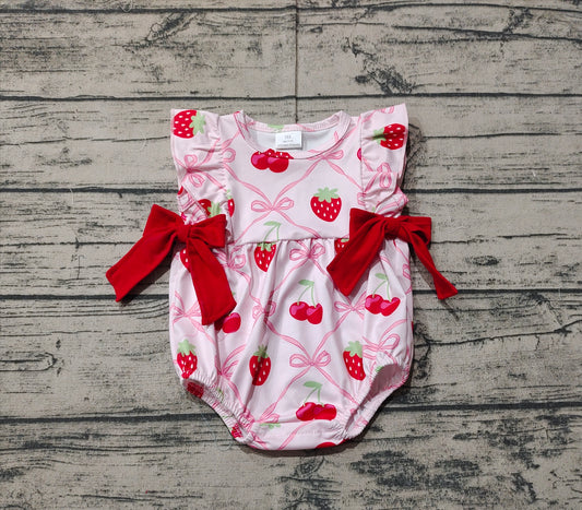 Baby Girls Pink Flutter Sleeves Bows Strawberry Print Valentines Romper Preorder