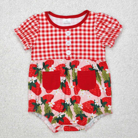 Baby Girls Red Plaid Short Ruffle Sleeves Strawberry Button Down Pockets Romper
