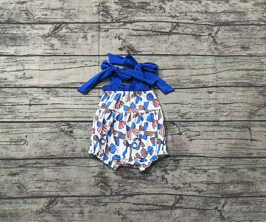 Baby Girls Hot Blue Strap Bows Print 4th Of July Romper Preorder