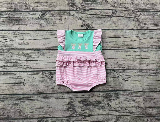 Baby Girls Pink Stripe Flutter Sleeves Embroidery Bow Toe Shots Romper Preorder