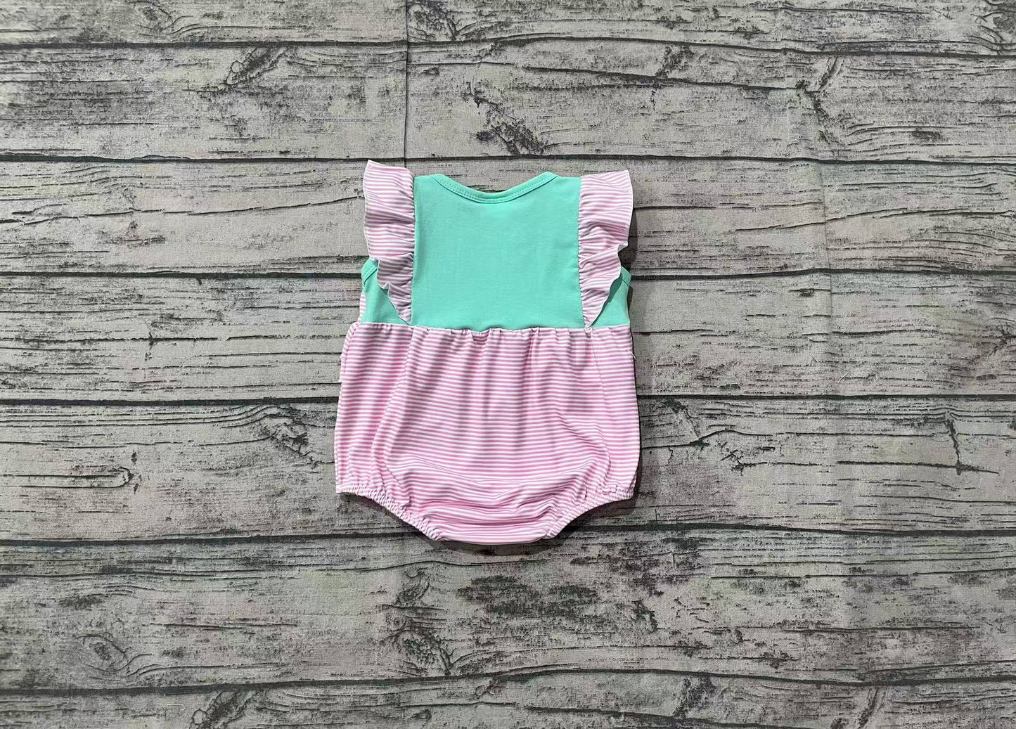 Baby Girls Pink Stripe Flutter Sleeves Embroidery Bow Toe Shots Romper Preorder