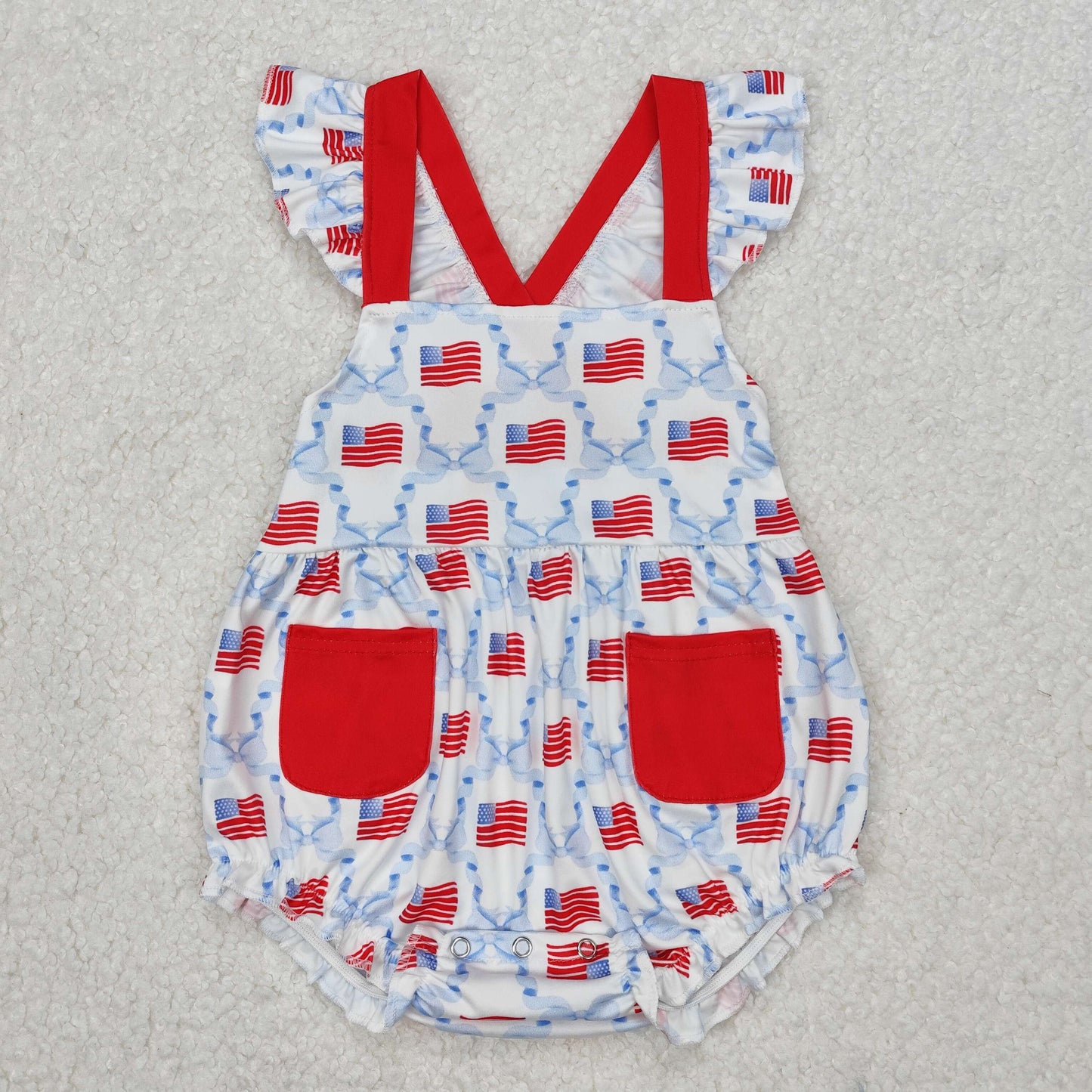 4th of July Patriotic Sibling Clothing Flag Blue Bow Dress Romper