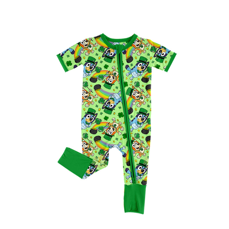 Baby Green Short Sleeves St Patrick Zipper Romper Dogs Clovers Print Preorder