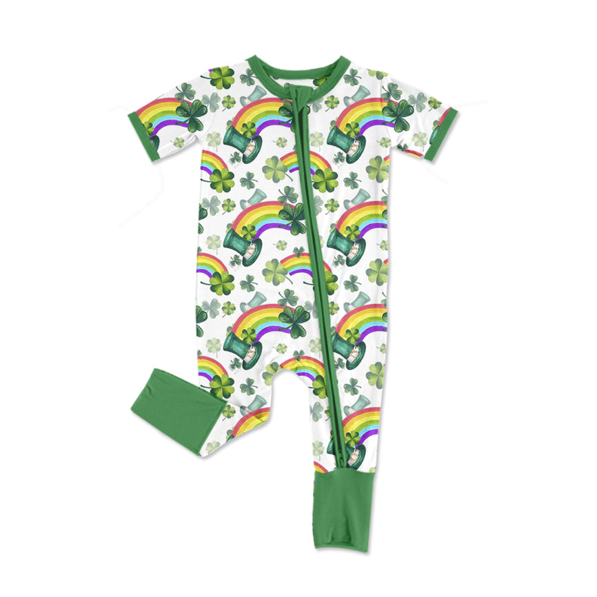 Baby Green Short Sleeves St Patrick Zipper Romper Rainbow Clovers Print Preorder