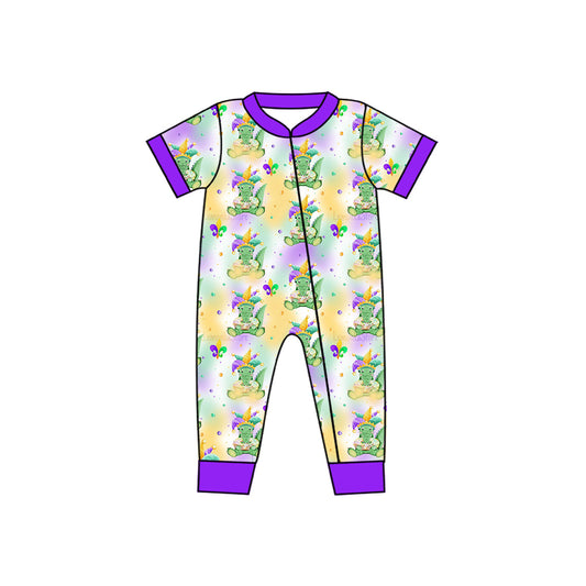 Baby Purple Short Sleeves Mardi Gras Zipper Romper Crocodiles Print Preorder