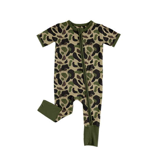 Baby Boys Short Sleeves Zipper Romper Olive Camo Print Preorder