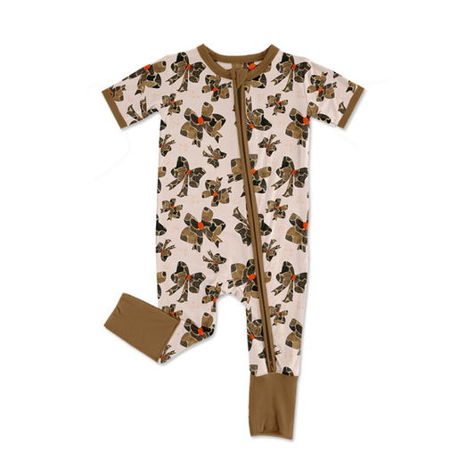 Baby Short Sleeves Valentines Zipper Romper Khaki Bows Print Preorder