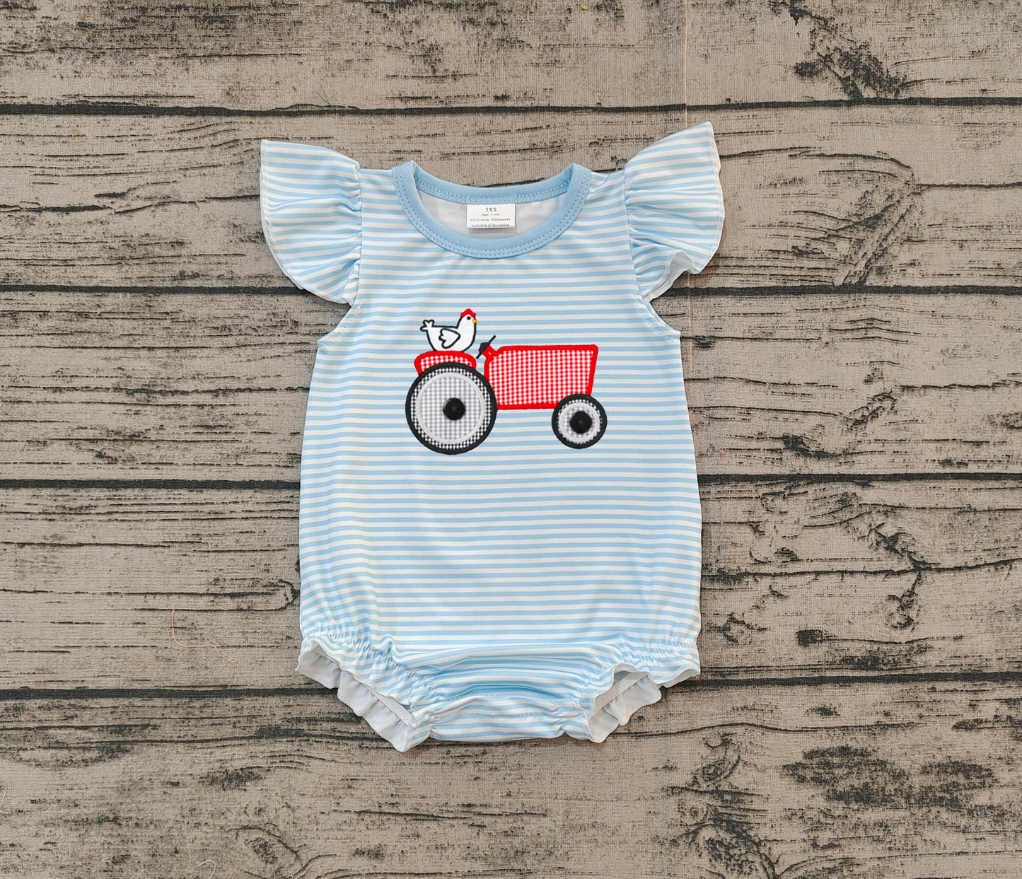 Baby Girls Light Blue Stripe Flutte Sleeves Embroidery Chicken Farm Romper Preorder