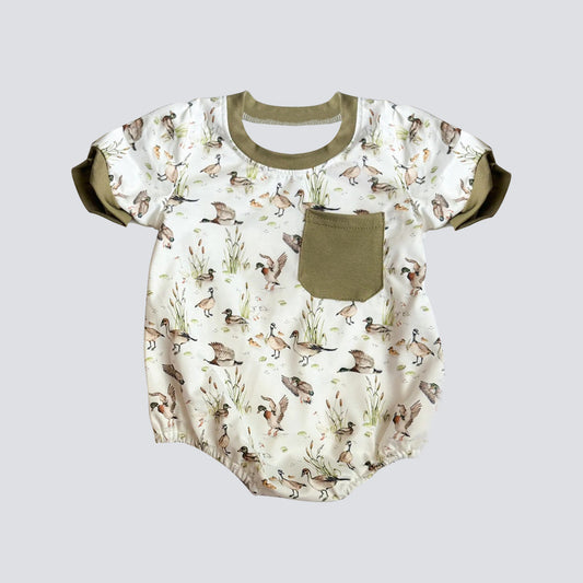 Baby Girls Boys Olive Short Sleeves Ducks Print Pocket Western Romper Preorder