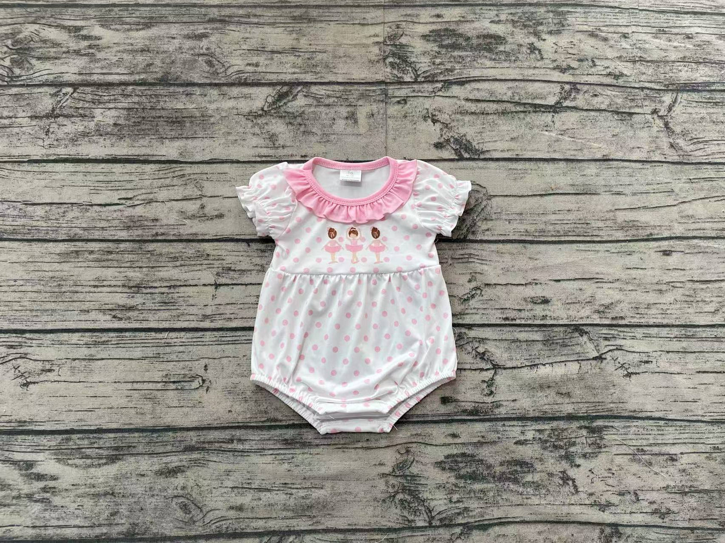 Baby Girls Short Ruffle Sleeves Pink Polka Dots Dancer Print Romper Preorder