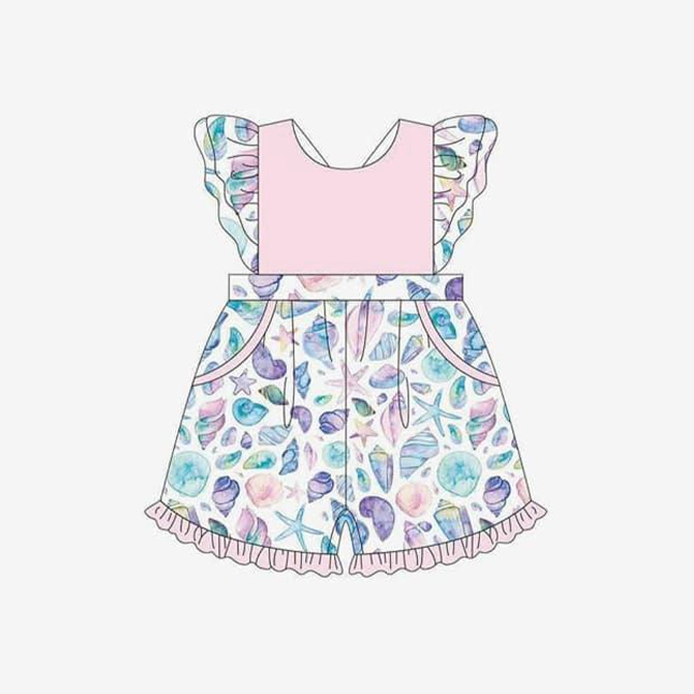 Baby Girls Lavender Flutter Sleeves Starfishes shell Print Ruffle Pocket Shorts Jumpsuit Preorder