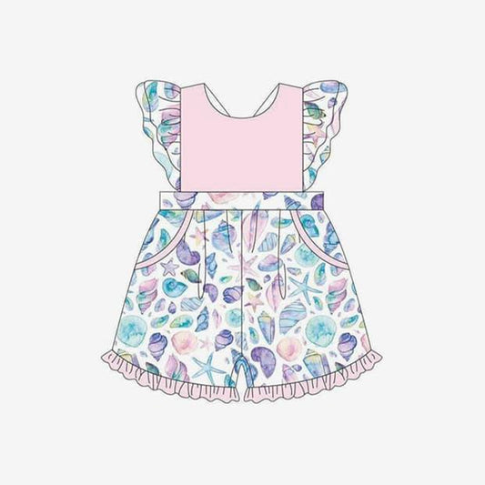 Baby Girls Lavender Flutter Sleeves Starfishes shell Print Ruffle Pocket Shorts Jumpsuit Preorder