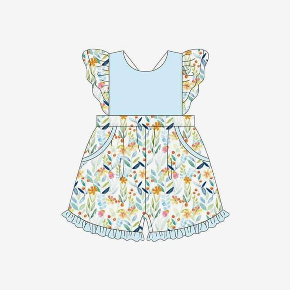 Baby Girls Green Flutter Sleeves Floral Print Ruffle Pocket Shorts Jumpsuit Preorder