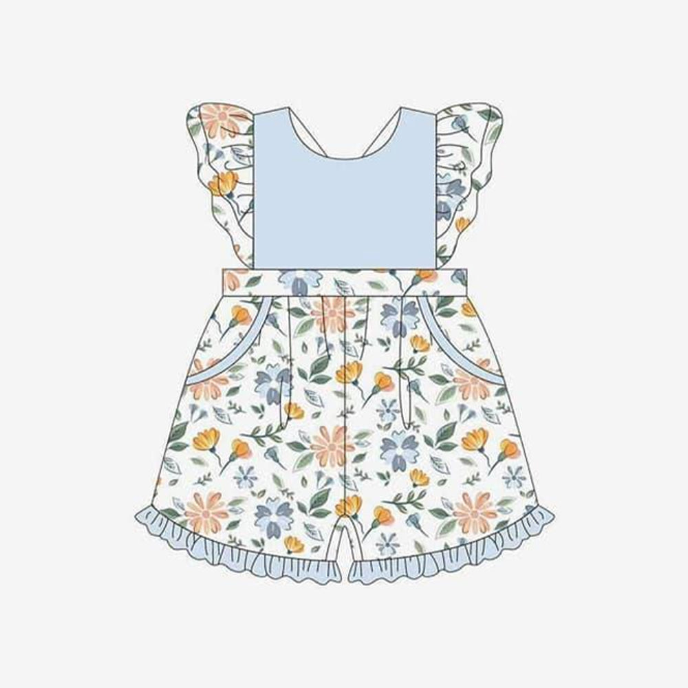 Baby Girls Light Blue Flutter Sleeves Floral Print Ruffle Pocket Shorts Jumpsuit Preorder