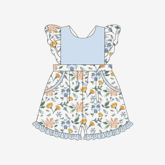 Baby Girls Light Blue Flutter Sleeves Floral Print Ruffle Pocket Shorts Jumpsuit Preorder