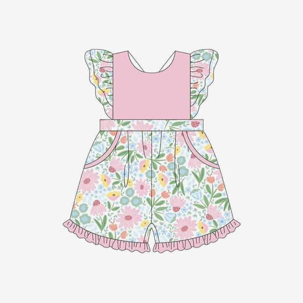 Baby Girls Pink Flutter Sleeves Floral Print Ruffle Pocket Shorts Jumpsuit Preorder