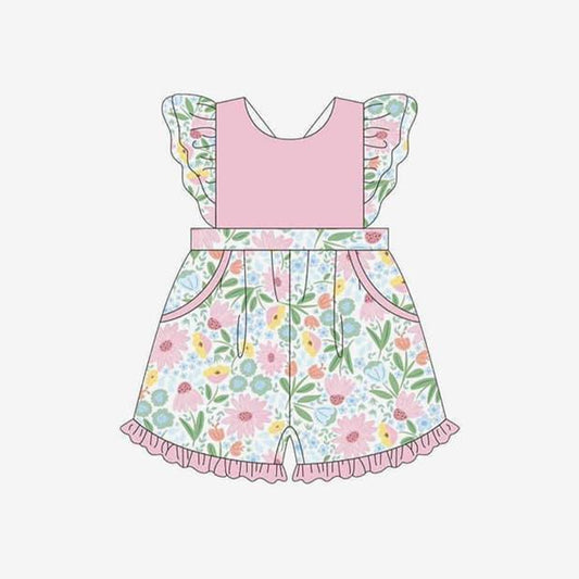 Baby Girls Pink Flutter Sleeves Floral Print Ruffle Pocket Shorts Jumpsuit Preorder