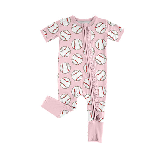 Baby Girls Peach Short Sleeves Baseballs Print Zipper Romper Preorder