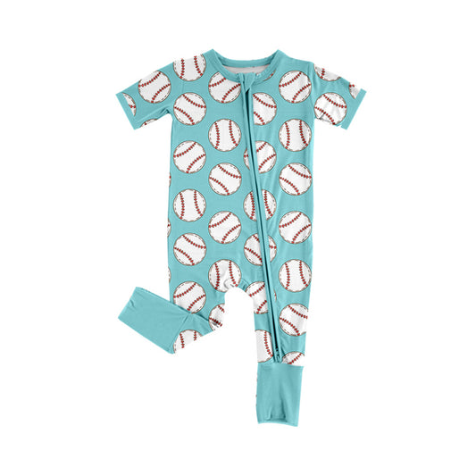 Baby Boys Aqua Short Sleeves Baseballs Print Zipper Romper Preorder