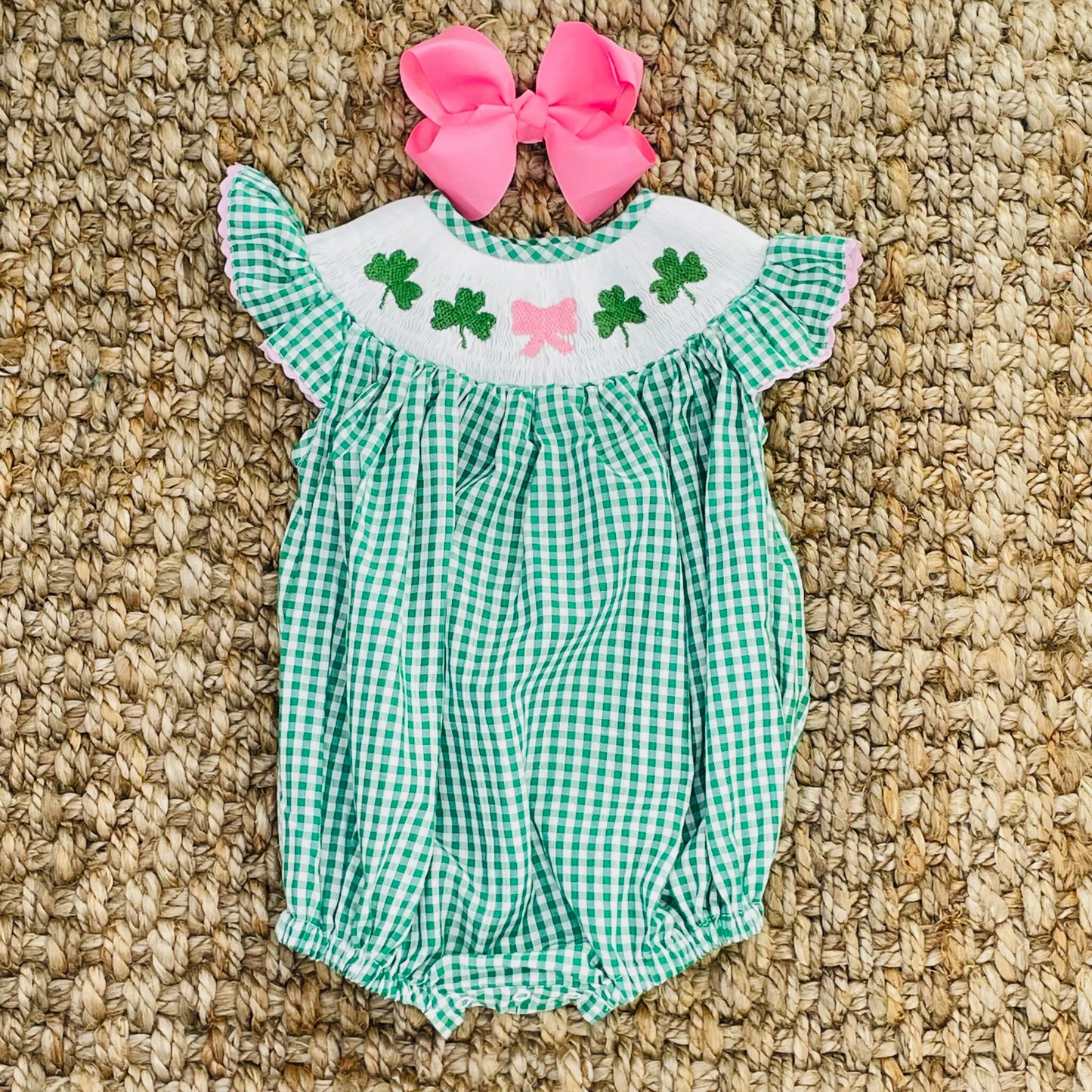 Baby Girls Flutter Sleeves Aqua Plaid Clovers Bow Print St Patrick Romper Preorder