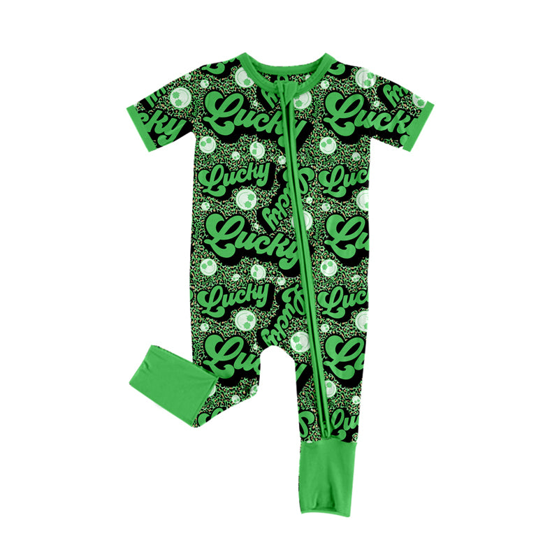 Baby Boys Short Sleeves Green Clovers Smile Leopard Print St Patrick zipper Romper Preorder