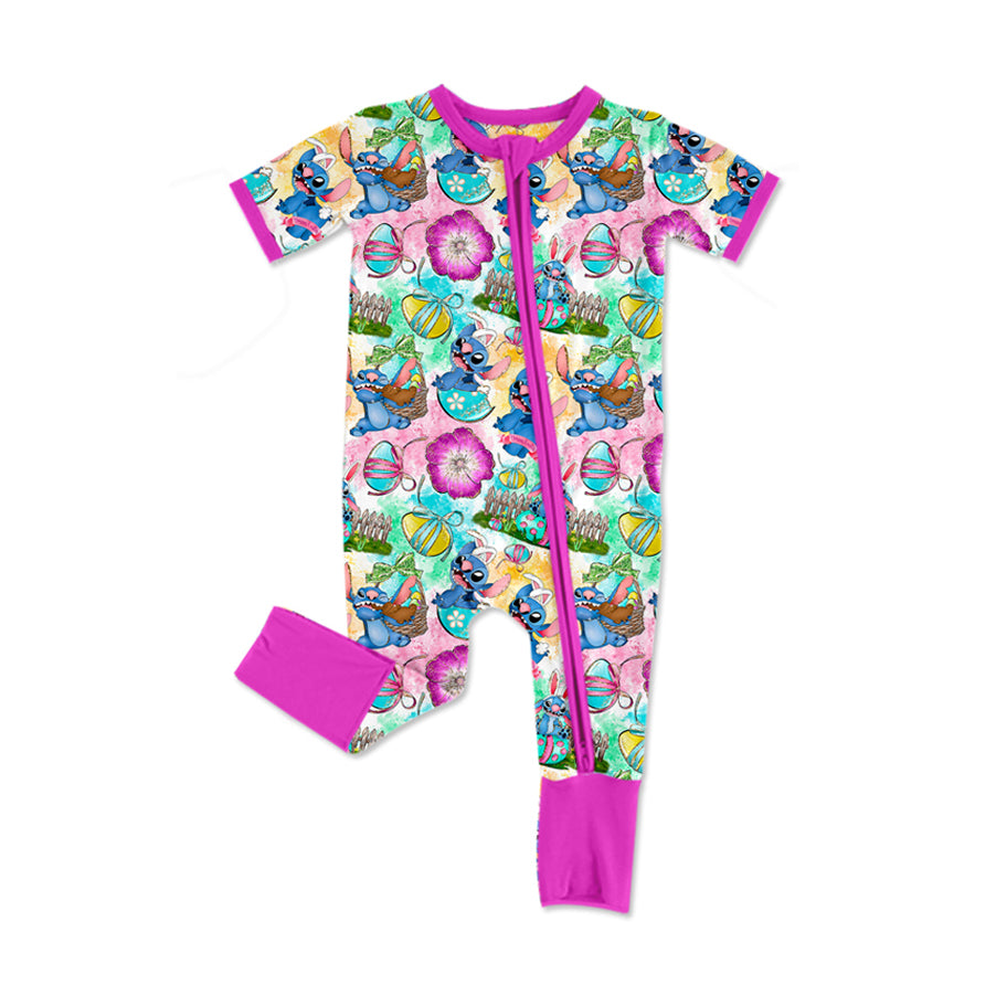 Baby Girls Short Sleeves Pink Cartoon Floral Eggs Print zipper Easter Romper Preorder