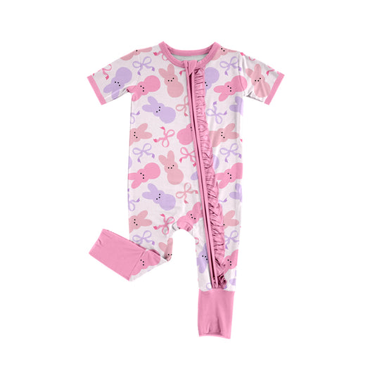 Baby Girls Short Sleeves Pink Bows Bunny Print zipper Easter Romper Preorder