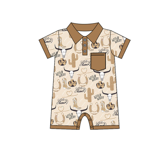 Baby Boys Khaki Short Sleeves Boots Cactus Bull Skull Print Button Down Pocket Romper Preorder