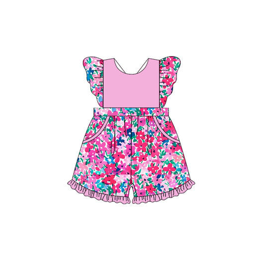 Baby Girls Hot Pink Flutter Sleeves Floral Print Ruffle Pockets Shorts Jumpsuit Preorder