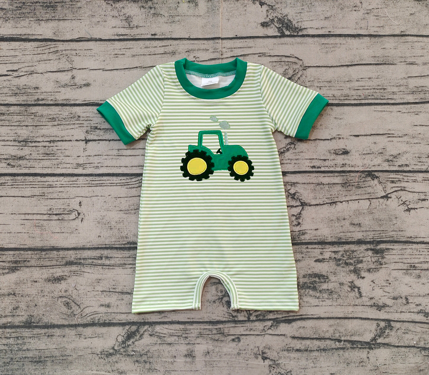 Baby Boys Green Stripe Short Sleeves Embroidery Truck Farm Romper Preorder