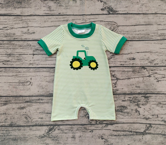 Baby Boys Green Stripe Short Sleeves Embroidery Truck Farm Romper Preorder