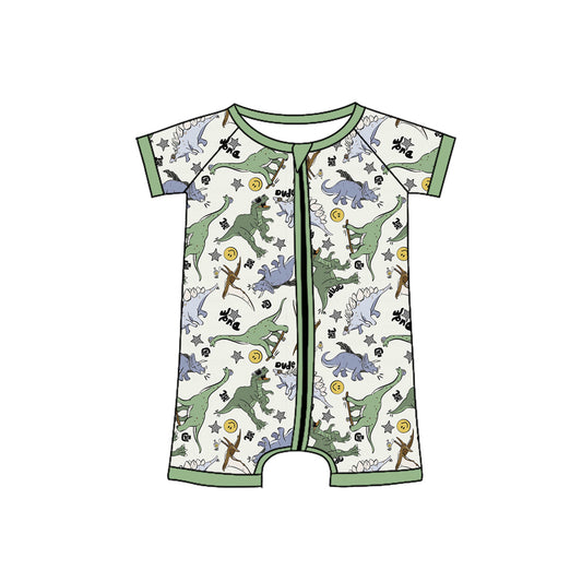 Baby Boys Green Short Sleeves Dinosaurs Smiles Print Western Zipper Romper Preorder