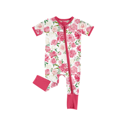 Baby Girls Short Sleeves Pink Floral Print Zipper Romper Preorder