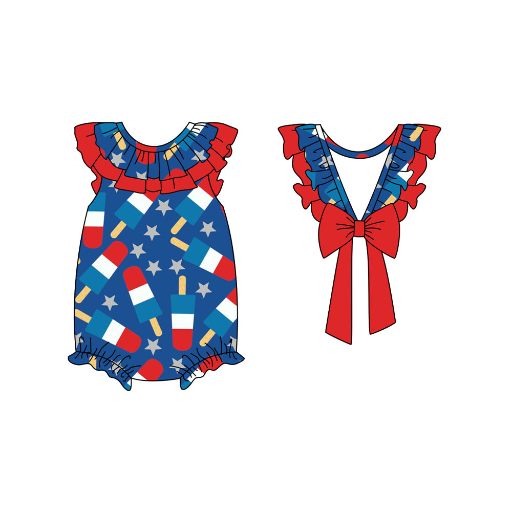 Baby Girls Red Flutter Sleeves Backless Bow Stars Popscile Print 4th Of July Romper Preorder