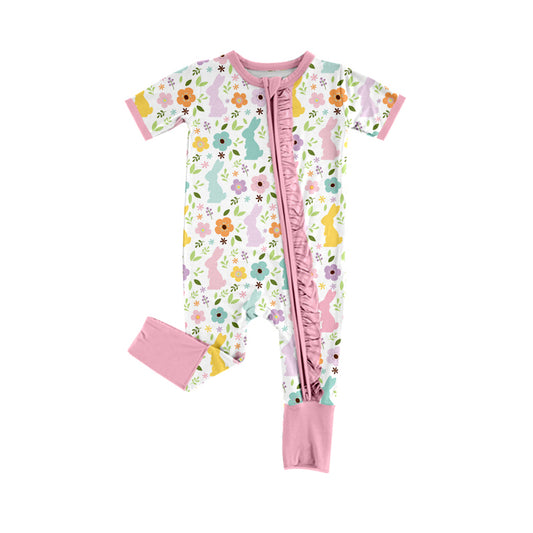 Baby Girls Pink Short Sleeves Bunny Flowers Print Easter Zipper Romper Preorder