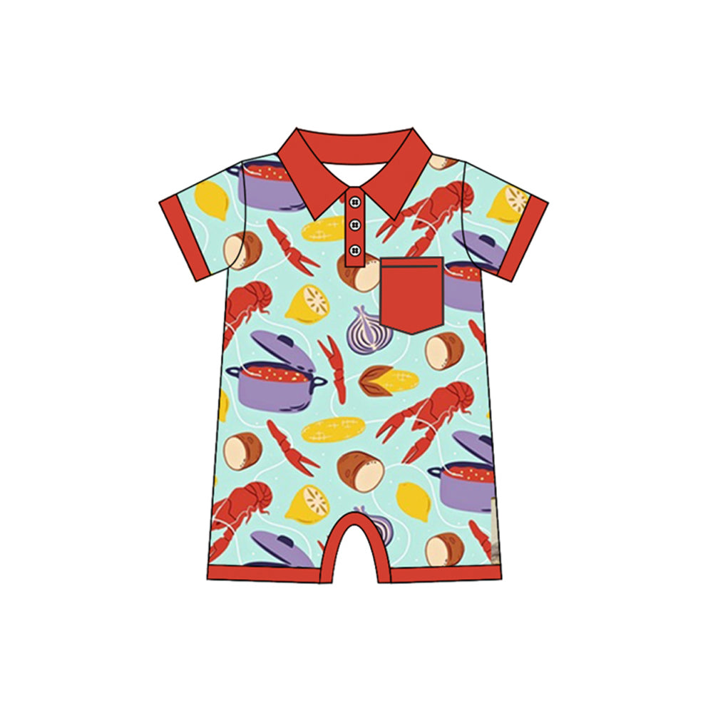 Baby Boys Red Short Sleeves Button Down Crayfishes Corn Print Mardi Gras Romper Preorder